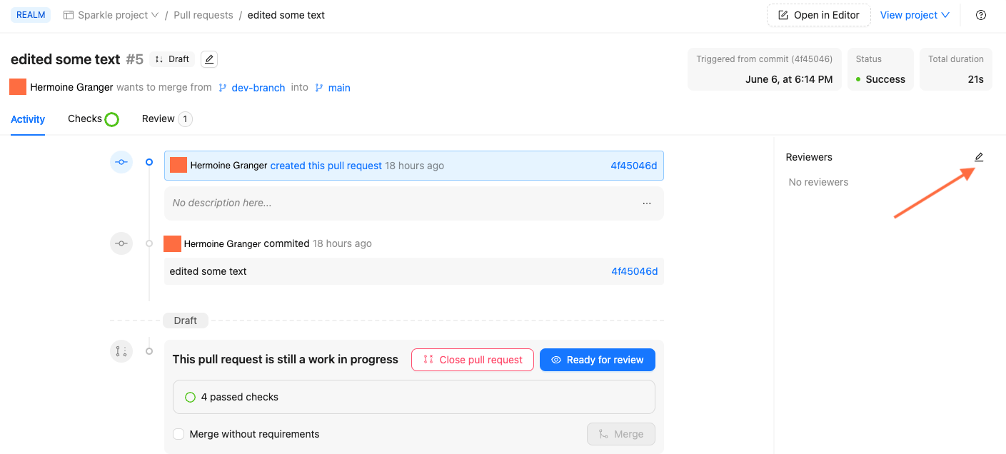 Screenshot of pull request in Reunite with arrow pointing to the pencil icon next to Reviewers