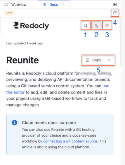 Screenshot of the Docs tab in Reunite editor