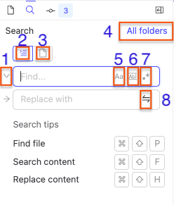 Screenshot of the Search tab in Reunite editor