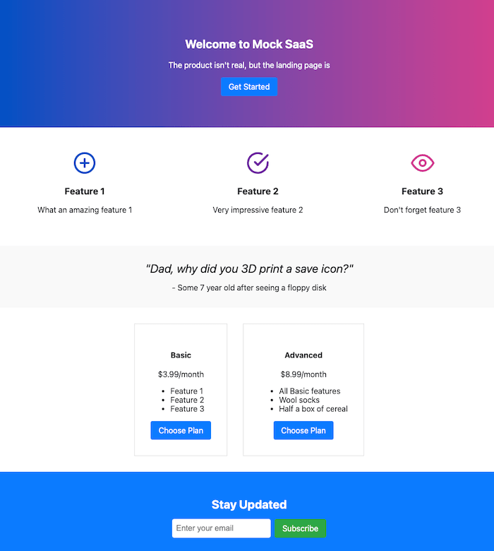 Screenshot of the Example SaaS landing page.