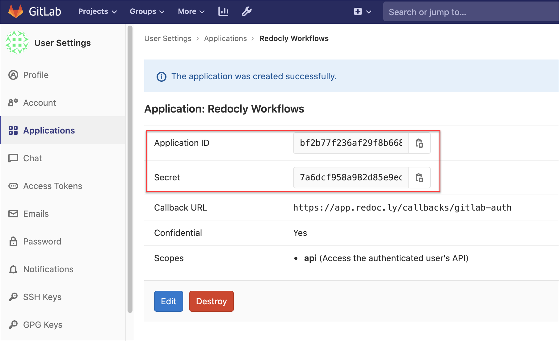 GitLab application credentials