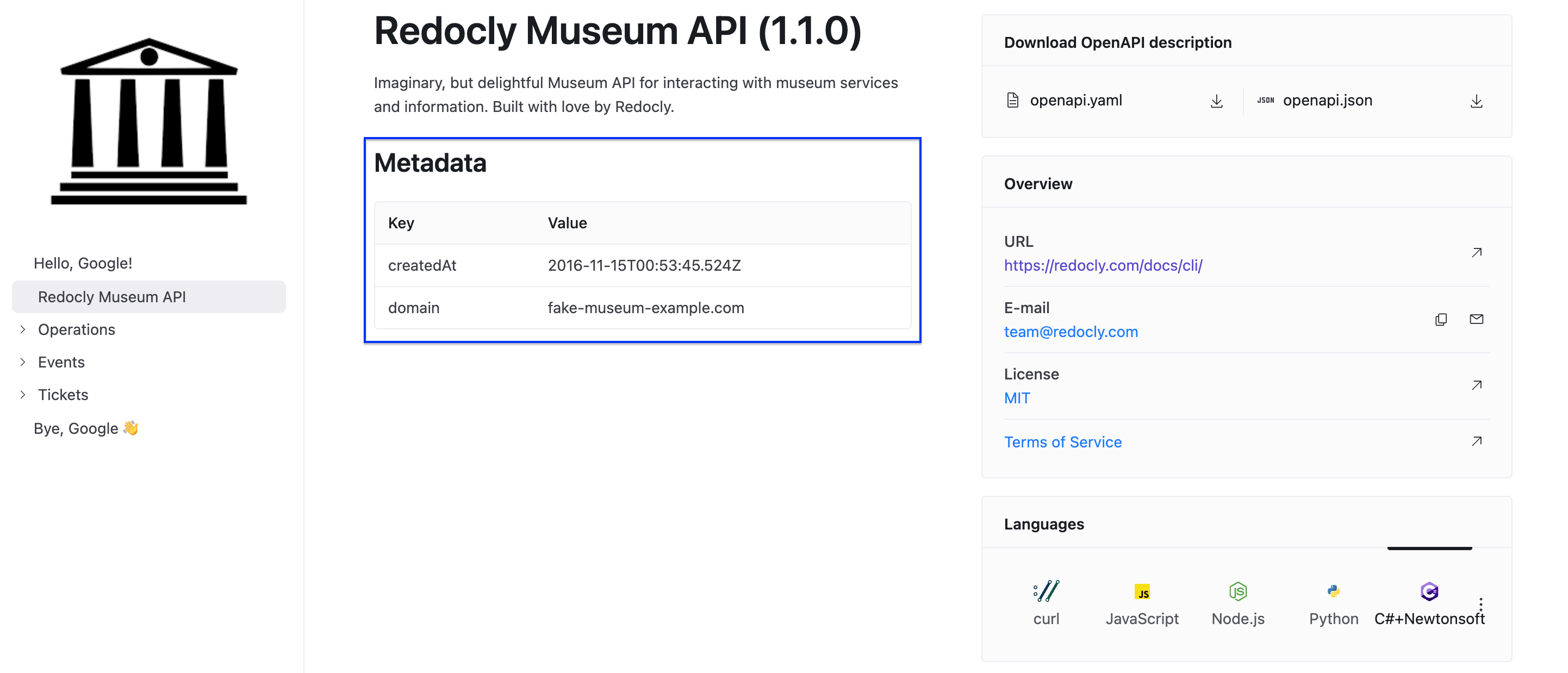 Screenshot of API documentation where hideInfoMetadata option is set to false