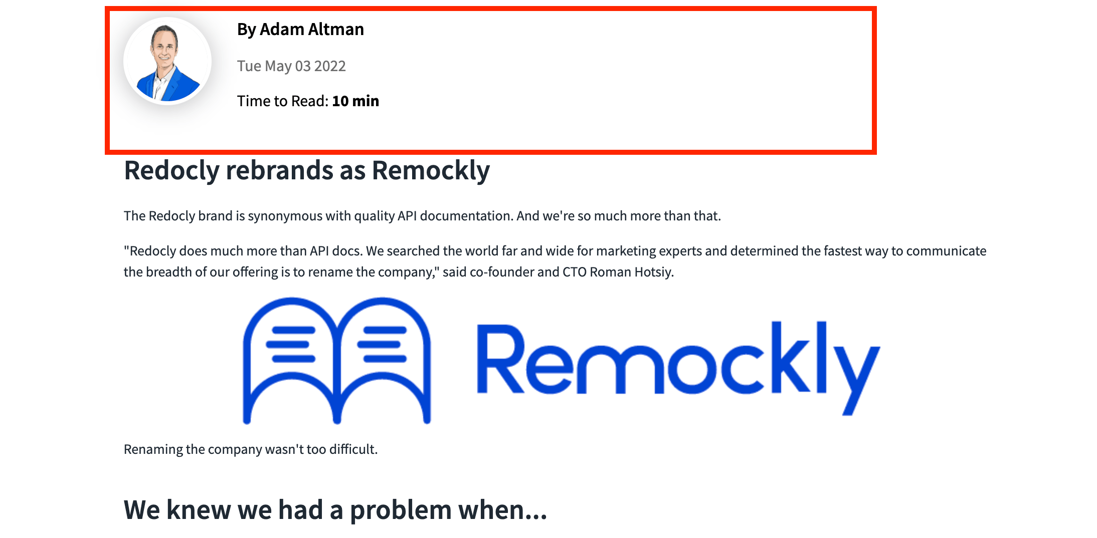 Screenshot of one column blog post template