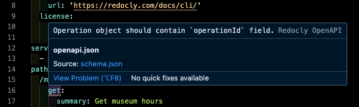 A validation error in an IDE with an OpenAPI file. The error is on a Get operation and says "Operation object should contain operationId field".