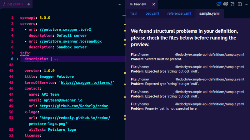 Error messages displayed in the Preview panel