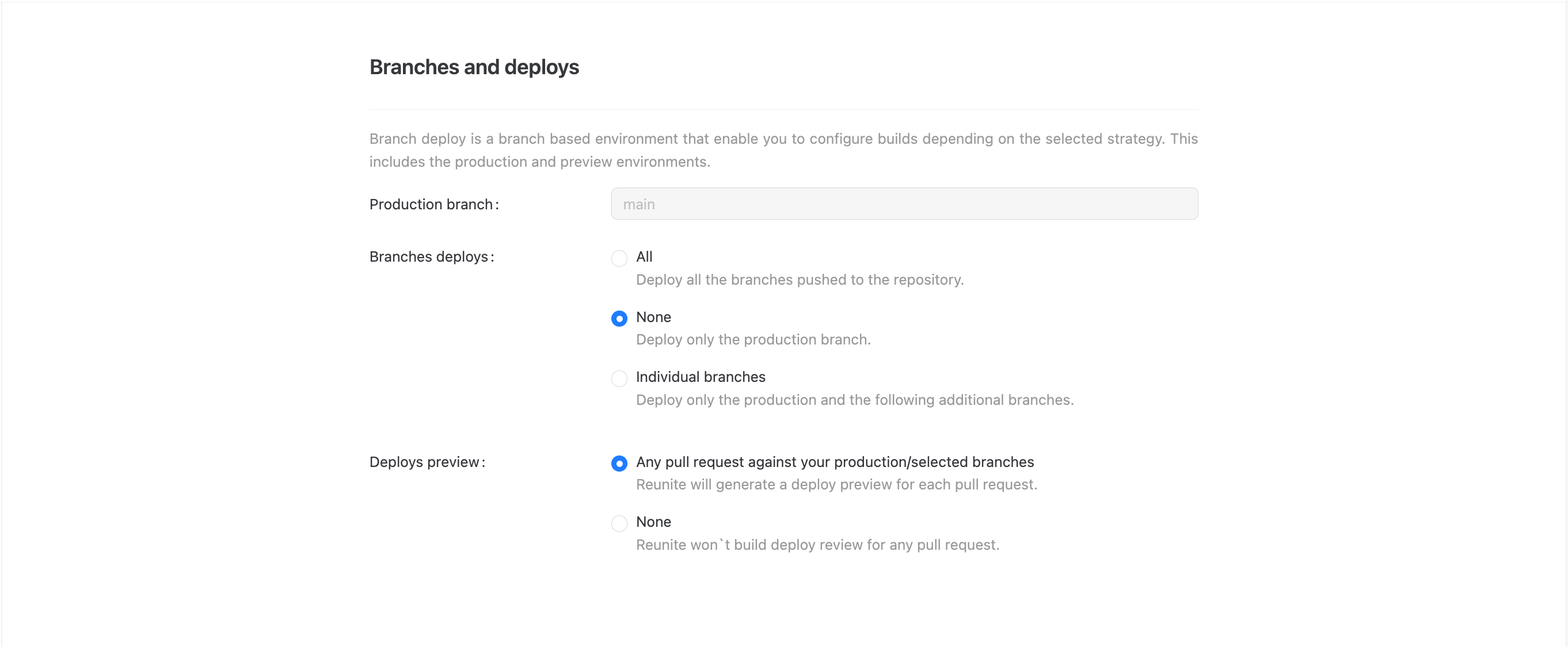 Screenshot of Reunite branches and deploys configuration interface