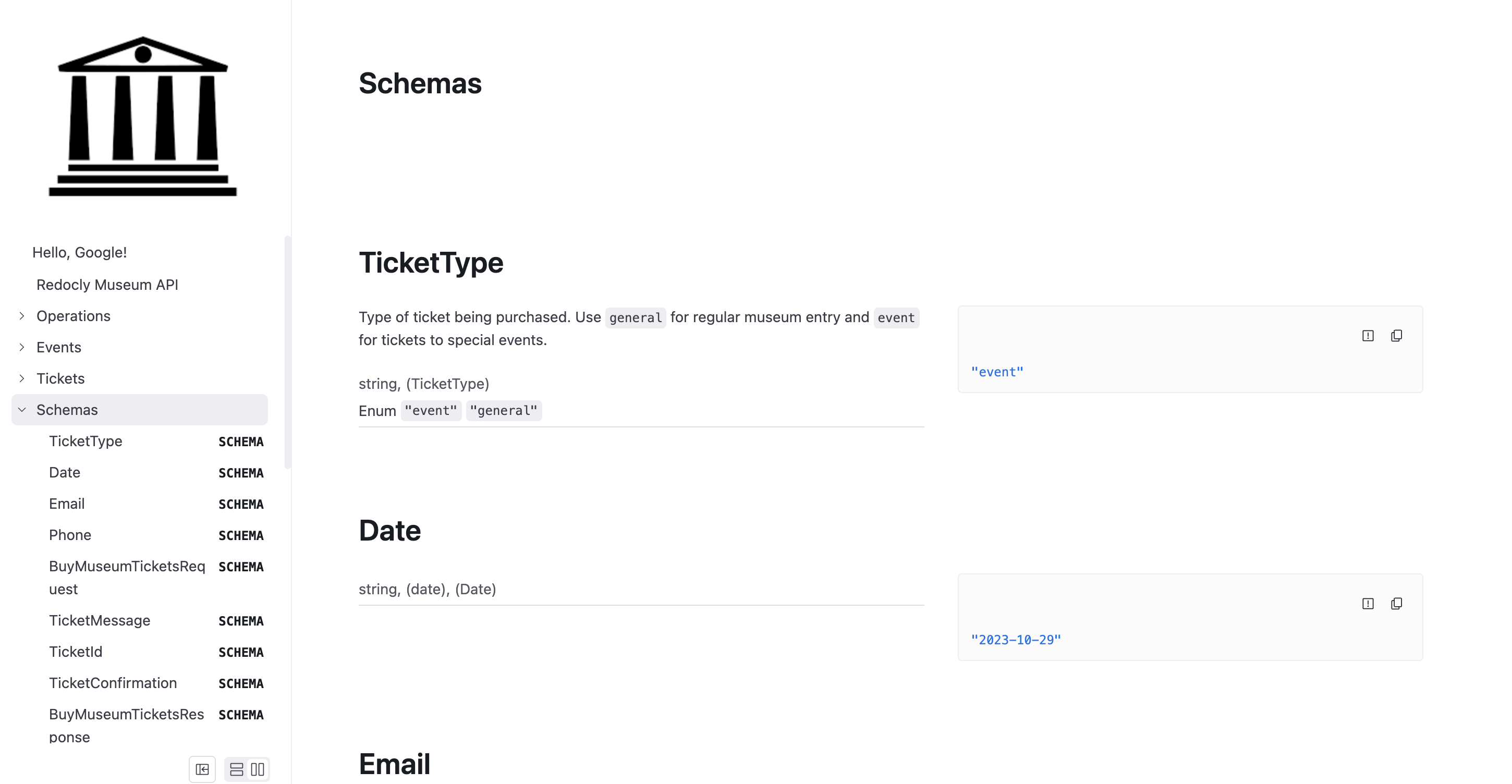 Screenshot of API documentation with schemaDefinitionsTagName defined as "Schemas"