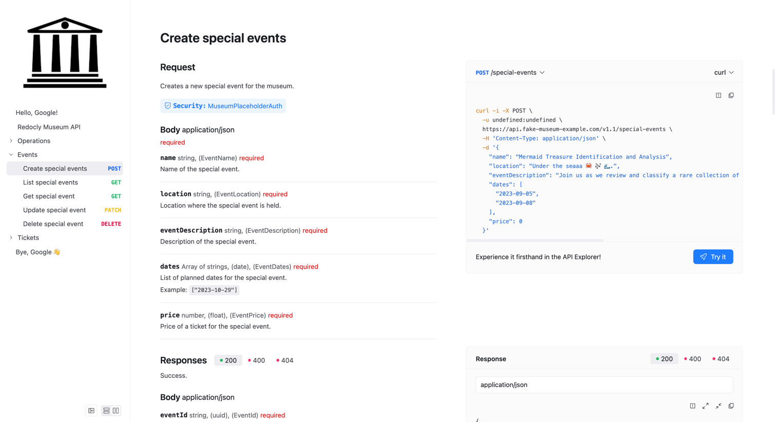 Screenshot of API documentation in a three panel layout