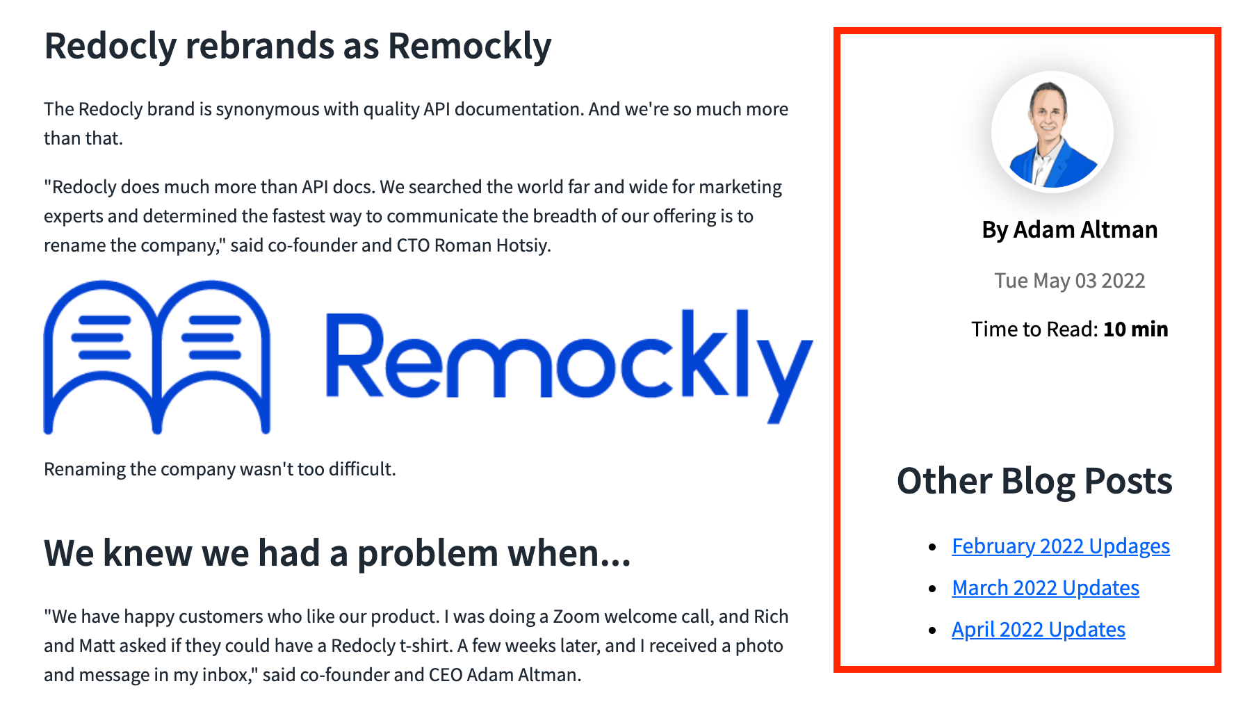 Screenshot of two columns blog post template