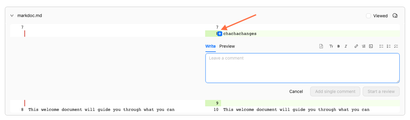 Screenshot of code diff view in Redocly with arrow pointing towards plus icon