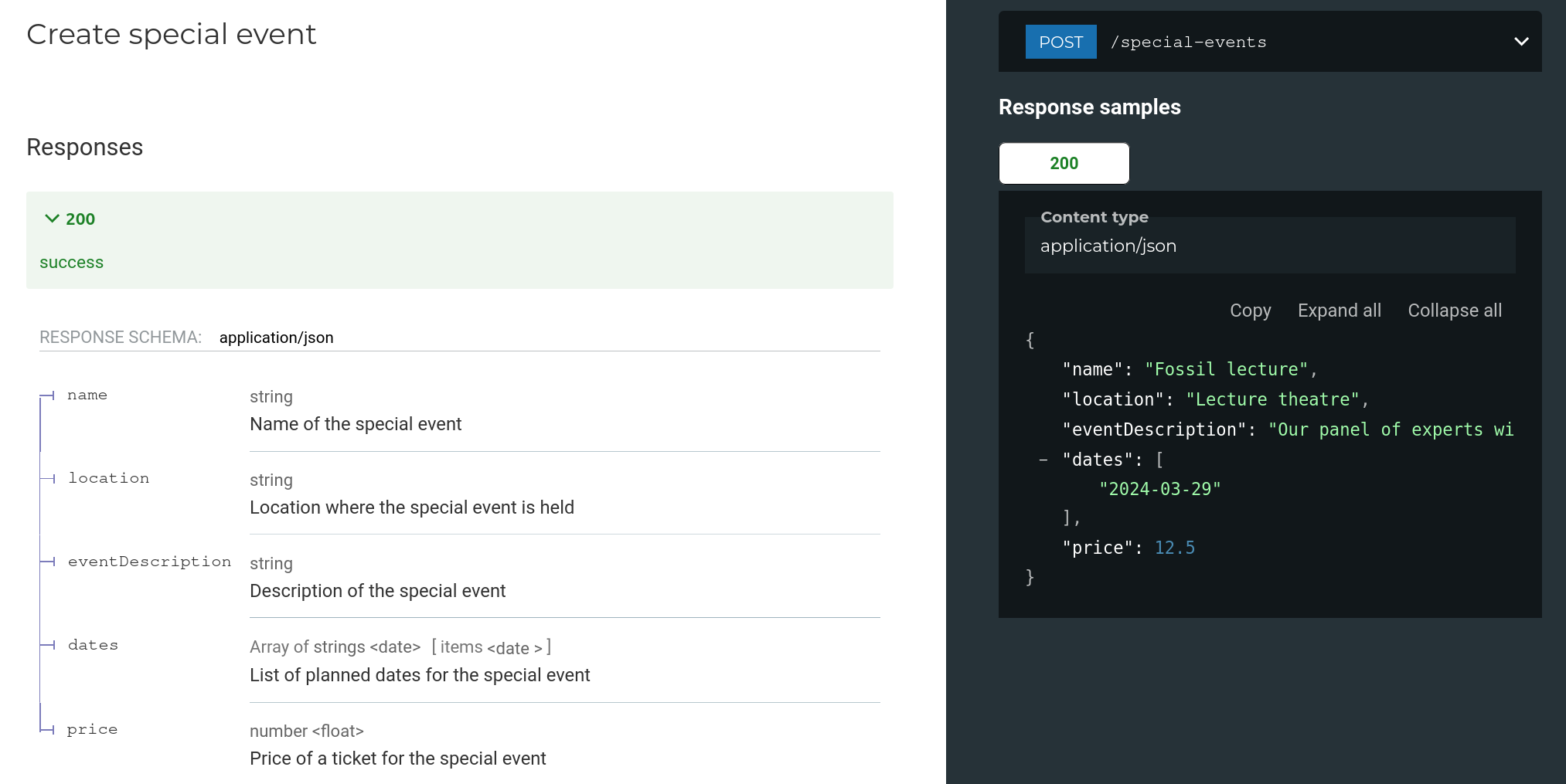 Redoc renders the SpecialEvent schema in API reference documentation