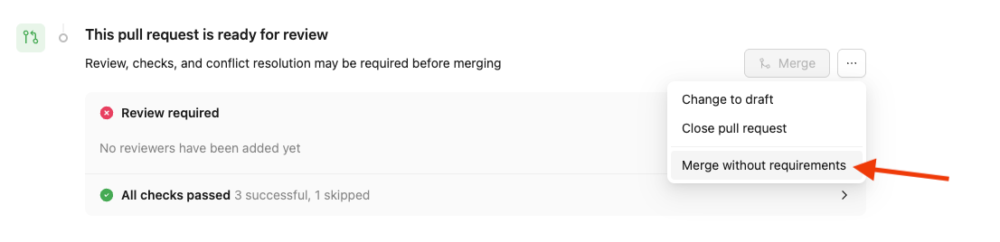 Screenshot of pull request in Redocly with arrow pointing to the Merge without requirements option