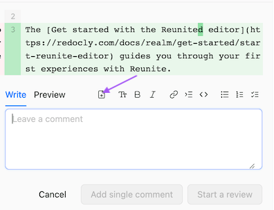 Screenshot of comment form in Redocly with arrow pointing towards suggestion icon