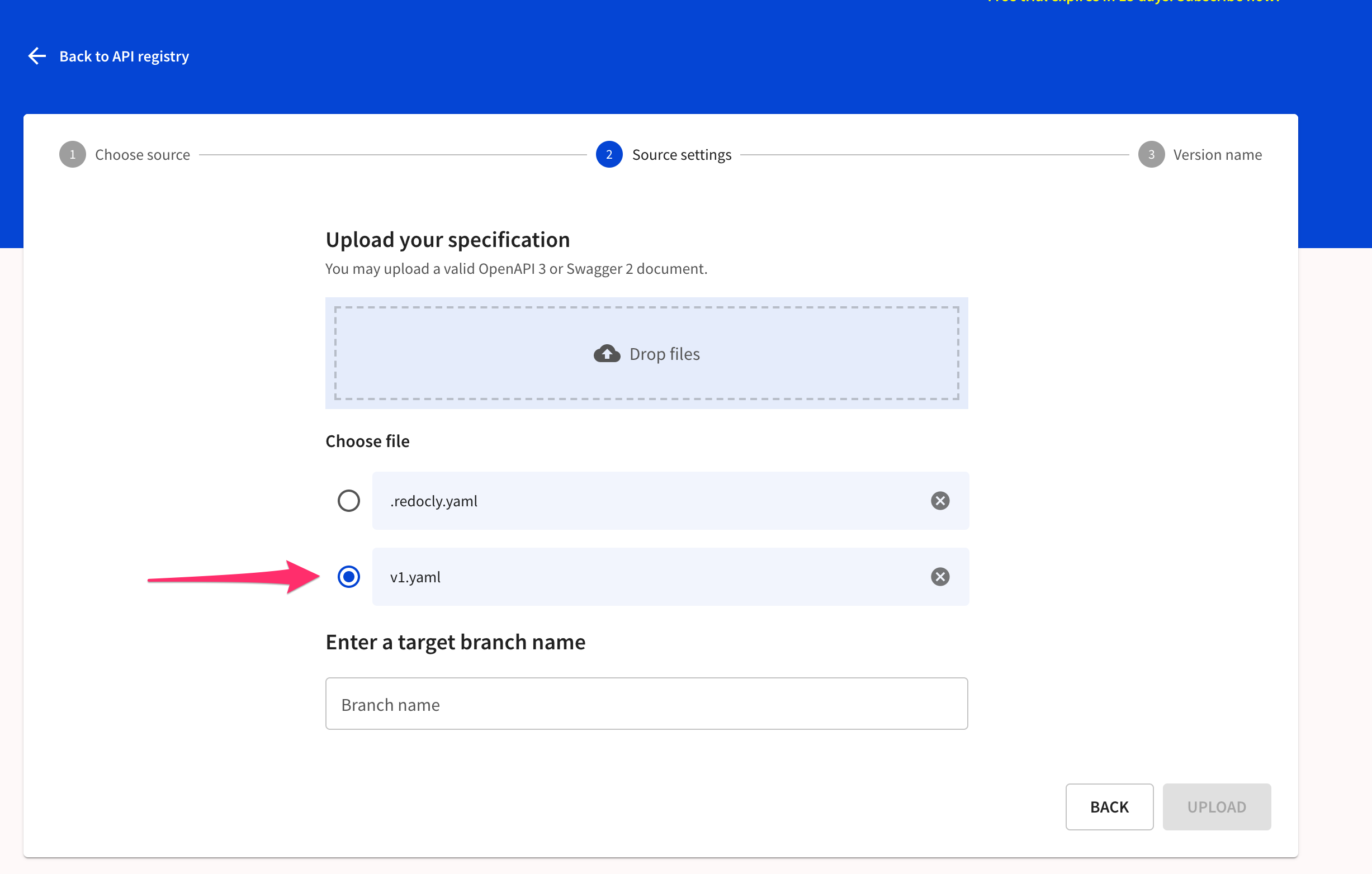 Upload files and enter branch name